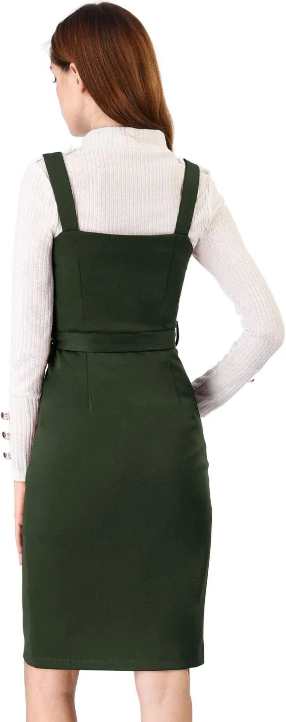 Allegra K Women's Button Front Bodycon Sleeveless Belt Staps Tank Dress