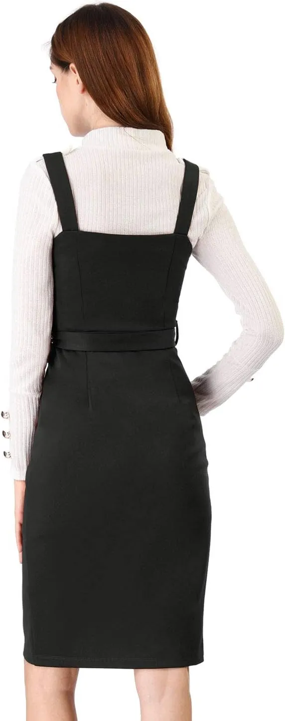 Allegra K Women's Button Front Bodycon Sleeveless Belt Staps Tank Dress