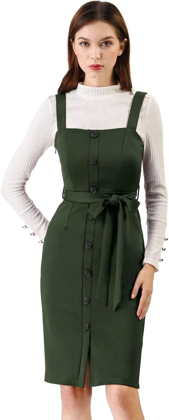 Allegra K Women's Button Front Bodycon Sleeveless Belt Staps Tank Dress