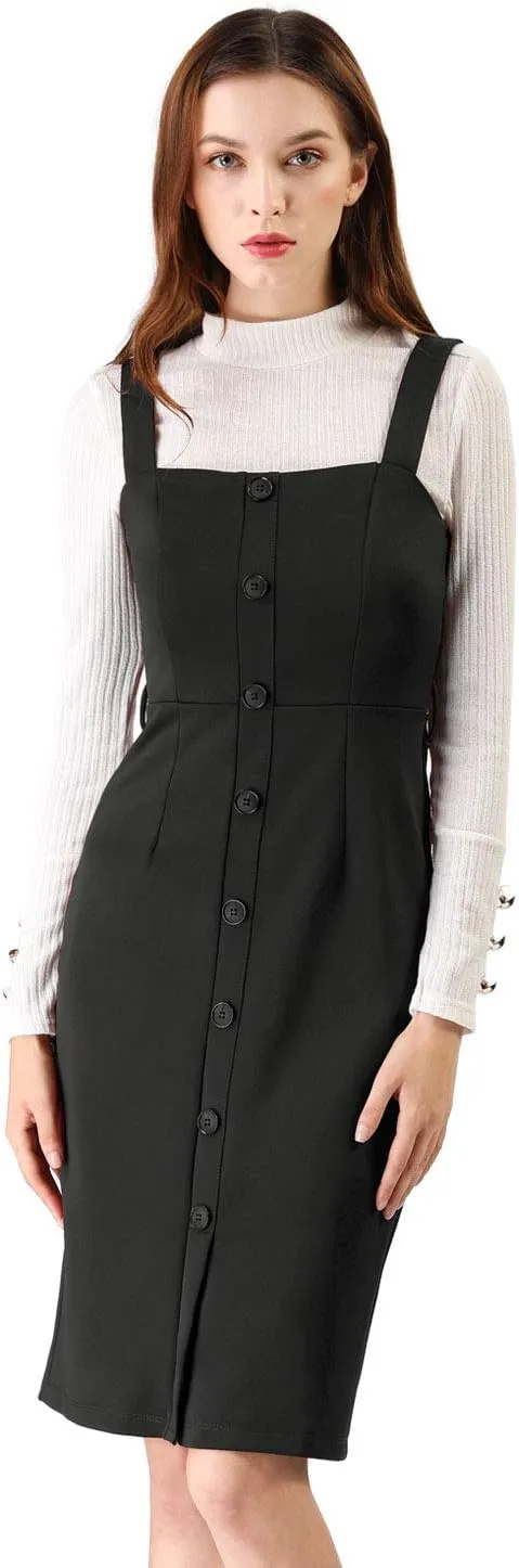 Allegra K Women's Button Front Bodycon Sleeveless Belt Staps Tank Dress