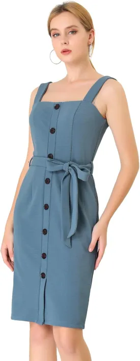 Allegra K Women's Button Front Bodycon Sleeveless Belt Staps Tank Dress