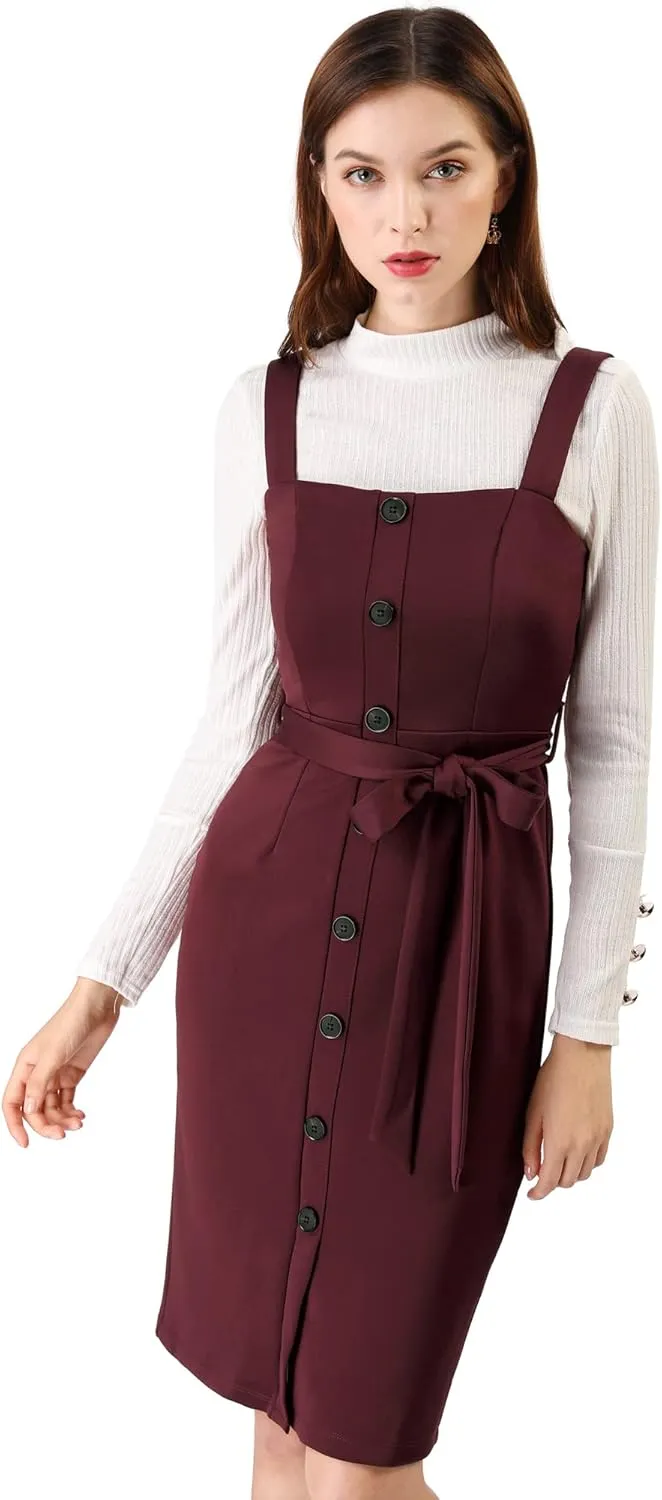 Allegra K Women's Button Front Bodycon Sleeveless Belt Staps Tank Dress