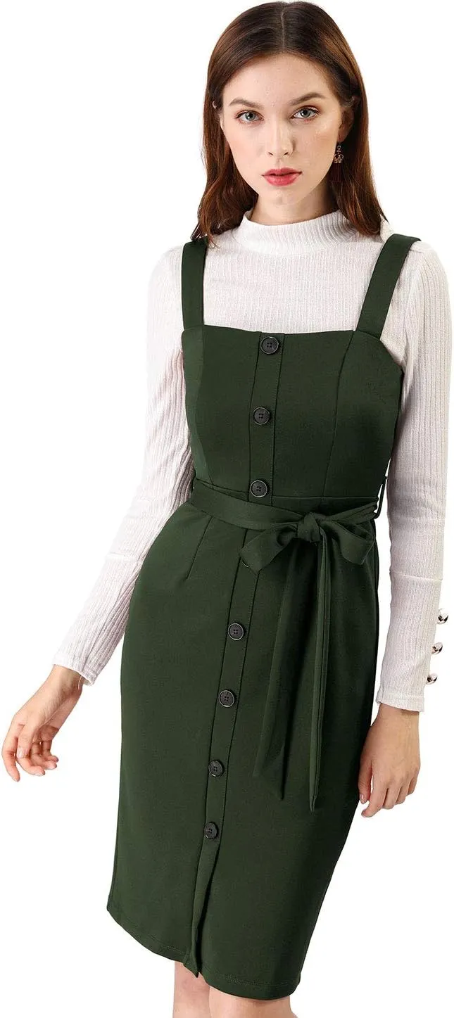 Allegra K Women's Button Front Bodycon Sleeveless Belt Staps Tank Dress