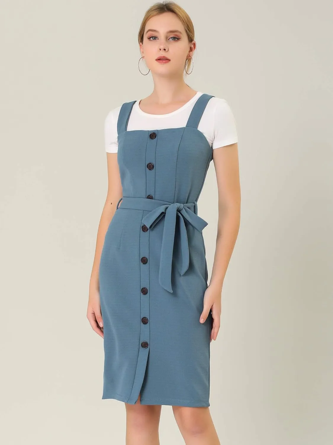 Allegra K Women's Button Front Bodycon Sleeveless Belt Staps Tank Dress