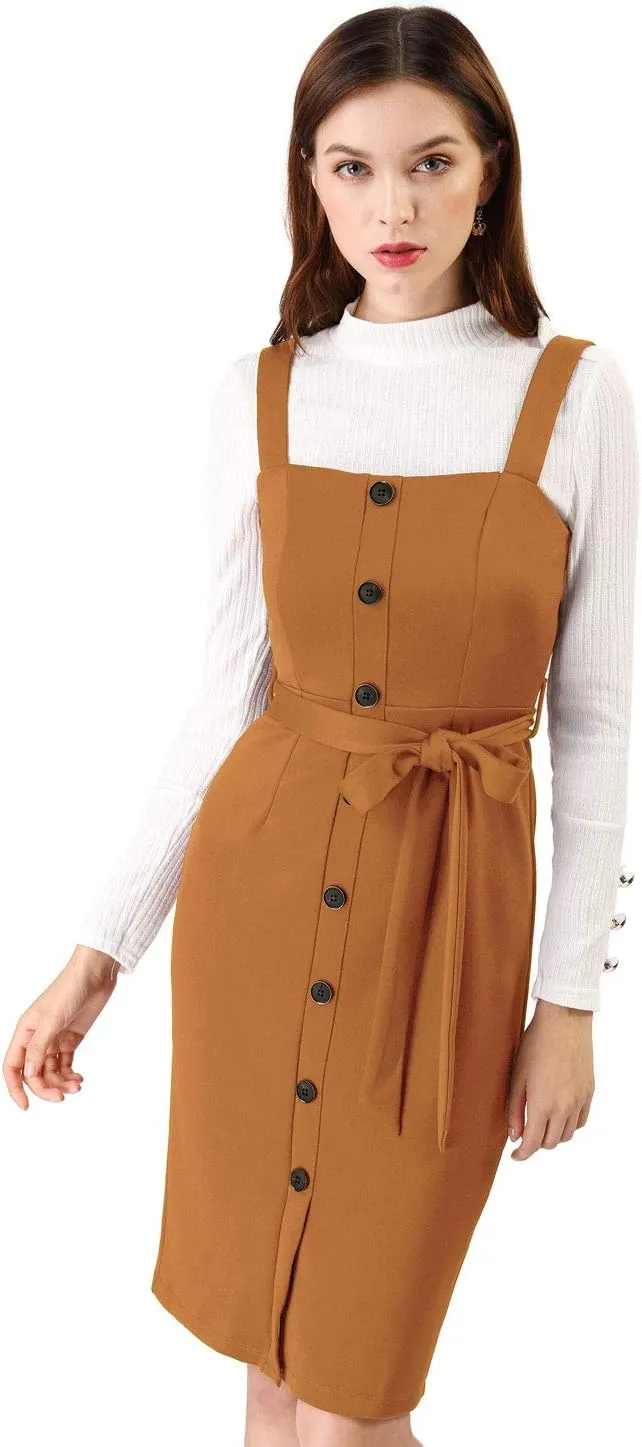 Allegra K Women's Button Front Bodycon Sleeveless Belt Staps Tank Dress