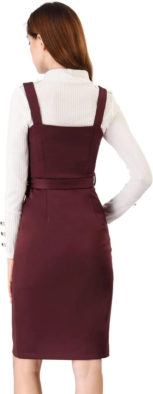 Allegra K Women's Button Front Bodycon Sleeveless Belt Staps Tank Dress