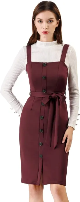 Allegra K Women's Button Front Bodycon Sleeveless Belt Staps Tank Dress