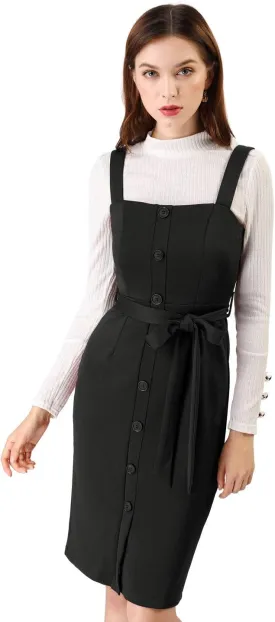 Allegra K Women's Button Front Bodycon Sleeveless Belt Staps Tank Dress