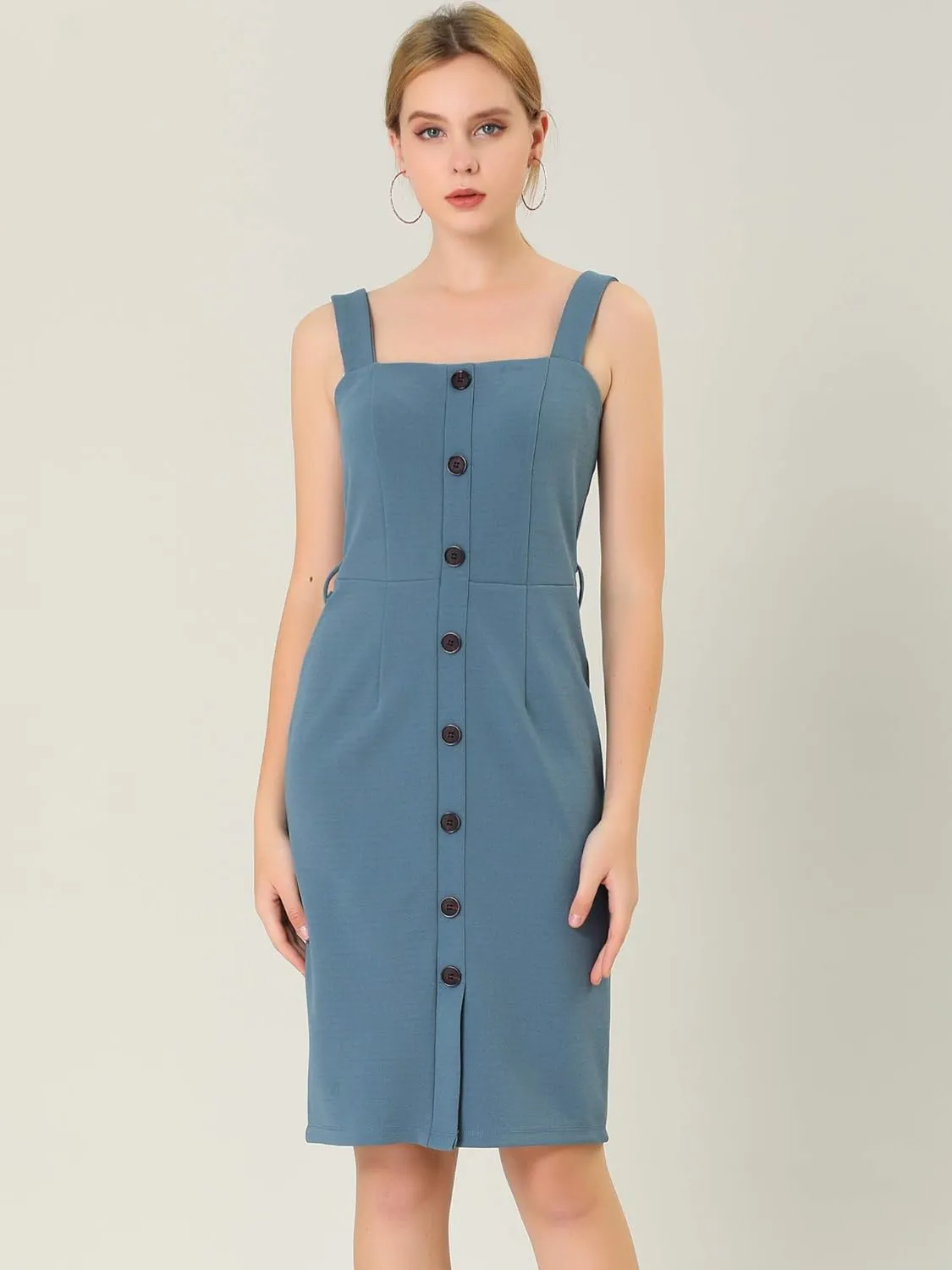 Allegra K Women's Button Front Bodycon Sleeveless Belt Staps Tank Dress