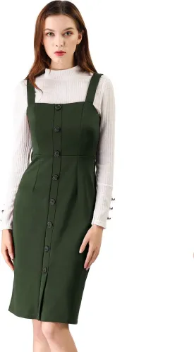 Allegra K Women's Button Front Bodycon Sleeveless Belt Staps Tank Dress