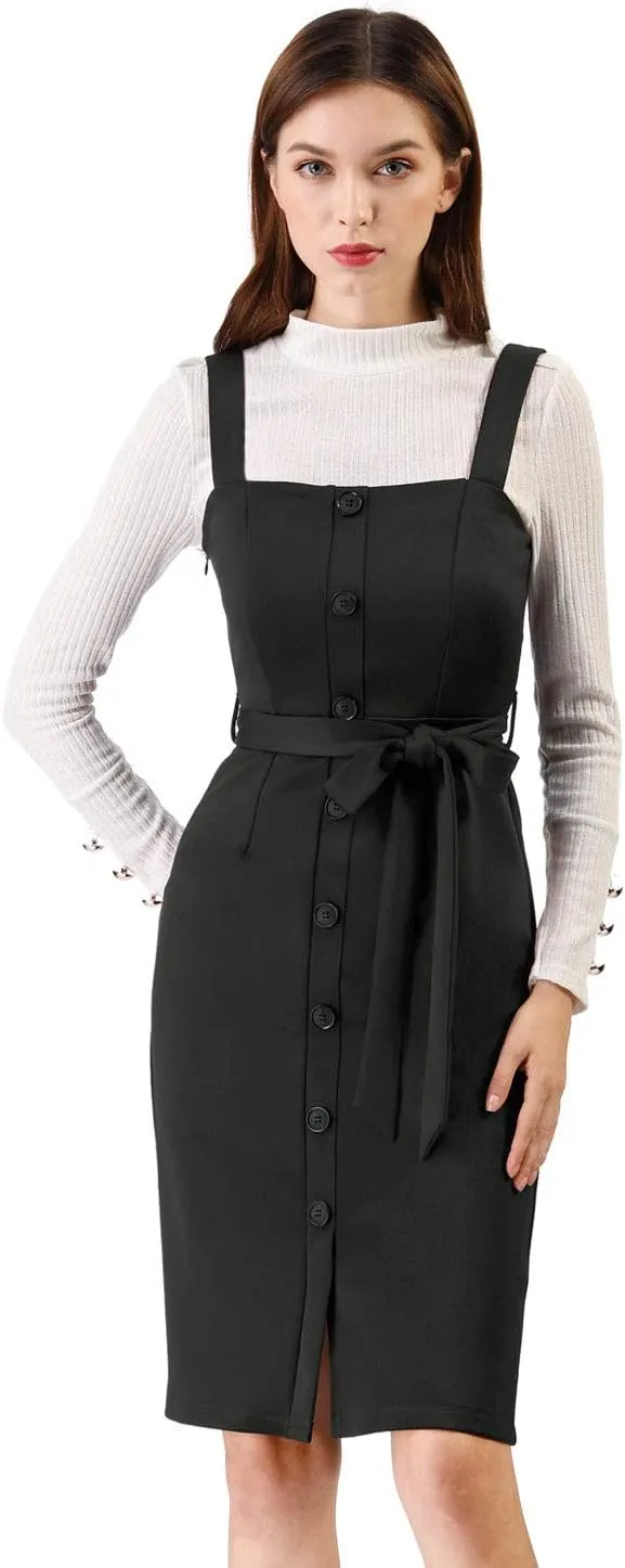 Allegra K Women's Button Front Bodycon Sleeveless Belt Staps Tank Dress