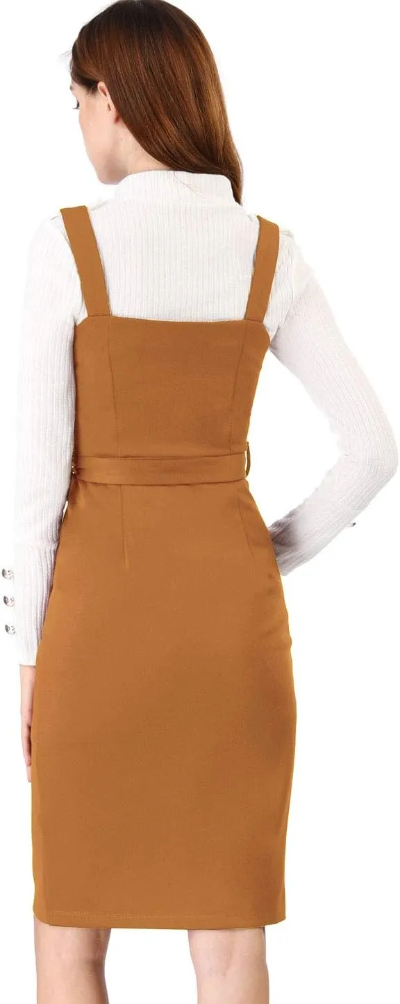 Allegra K Women's Button Front Bodycon Sleeveless Belt Staps Tank Dress