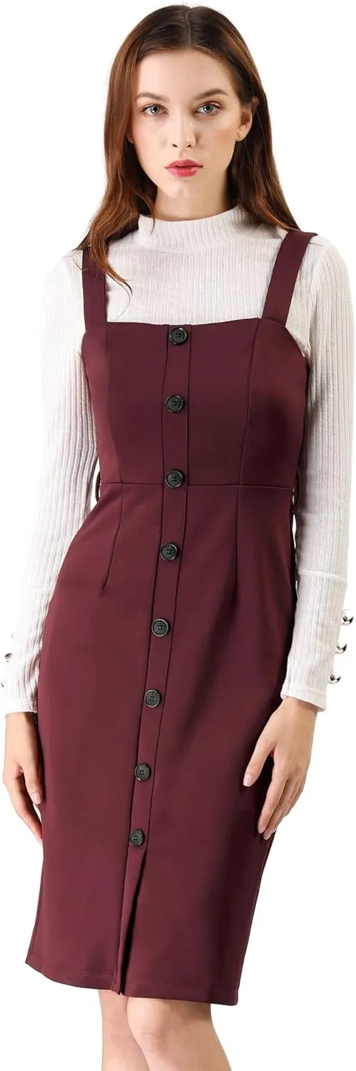Allegra K Women's Button Front Bodycon Sleeveless Belt Staps Tank Dress