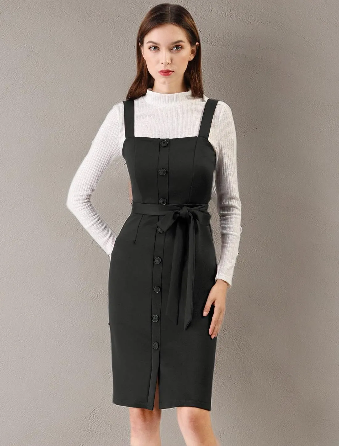 Allegra K Women's Button Front Bodycon Sleeveless Belt Staps Tank Dress