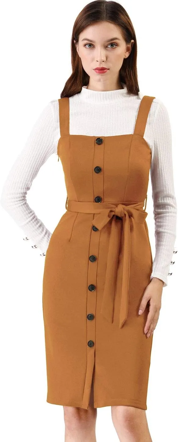Allegra K Women's Button Front Bodycon Sleeveless Belt Staps Tank Dress
