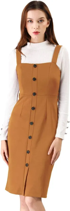 Allegra K Women's Button Front Bodycon Sleeveless Belt Staps Tank Dress
