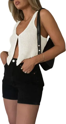 BHMAWSRT Womens Summer Crochet Knit Vest Y2k Fashion Button Front Tank Crop Camisole Going Out Tops Clubwear