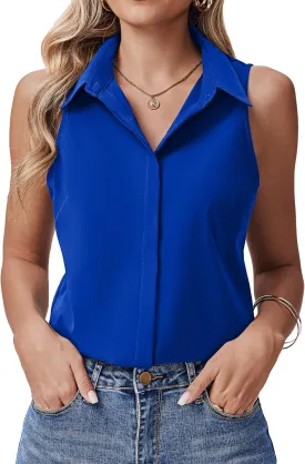 HOTOUCH Women's Sleeveless Button Down Shirts Hidden-Button Front Collared Dressy Casual Blouses Loose Office Tank Tops