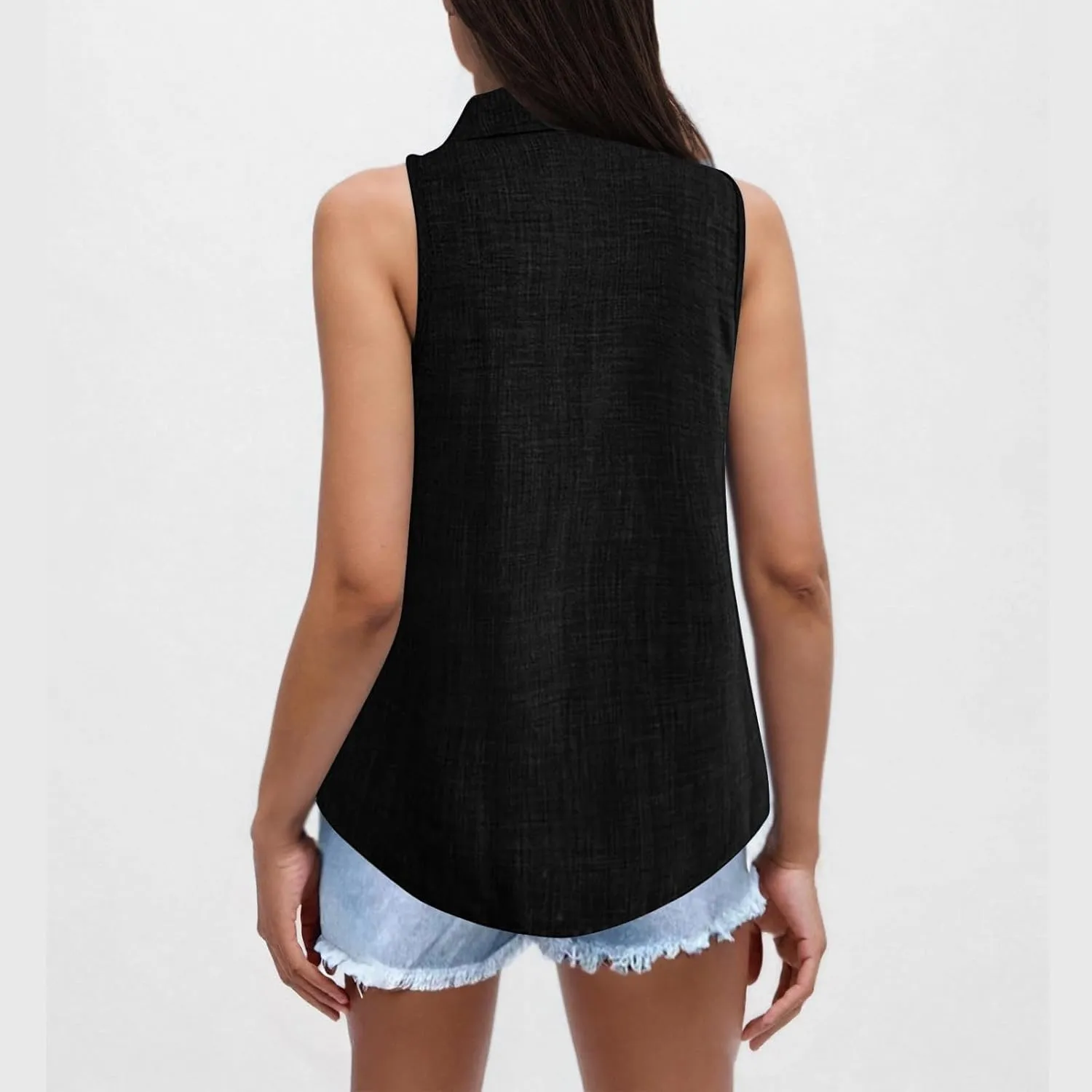 Linen Tank Tops for Women Dressy Casual Button Down Collared Shirt Loose Fit Sleeveless Tops Work Office Outfits