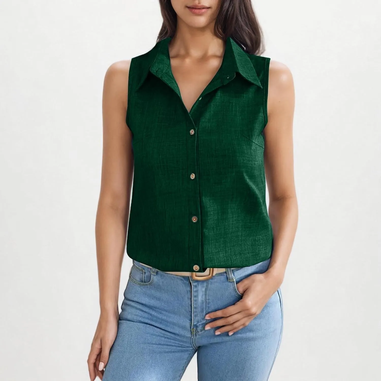 Linen Tank Tops for Women Dressy Casual Button Down Collared Shirt Loose Fit Sleeveless Tops Work Office Outfits