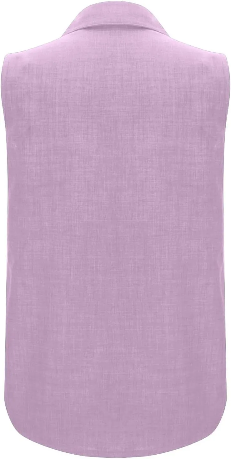 Linen Tank Tops for Women Dressy Casual Button Down Collared Shirt Loose Fit Sleeveless Tops Work Office Outfits