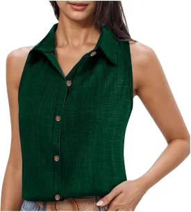 Linen Tank Tops for Women Dressy Casual Button Down Collared Shirt Loose Fit Sleeveless Tops Work Office Outfits