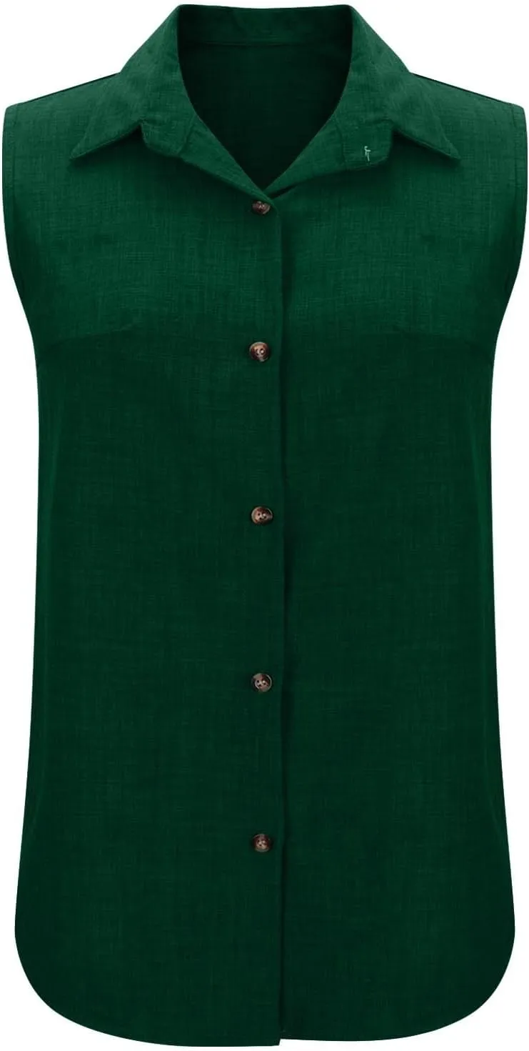 Linen Tank Tops for Women Dressy Casual Button Down Collared Shirt Loose Fit Sleeveless Tops Work Office Outfits