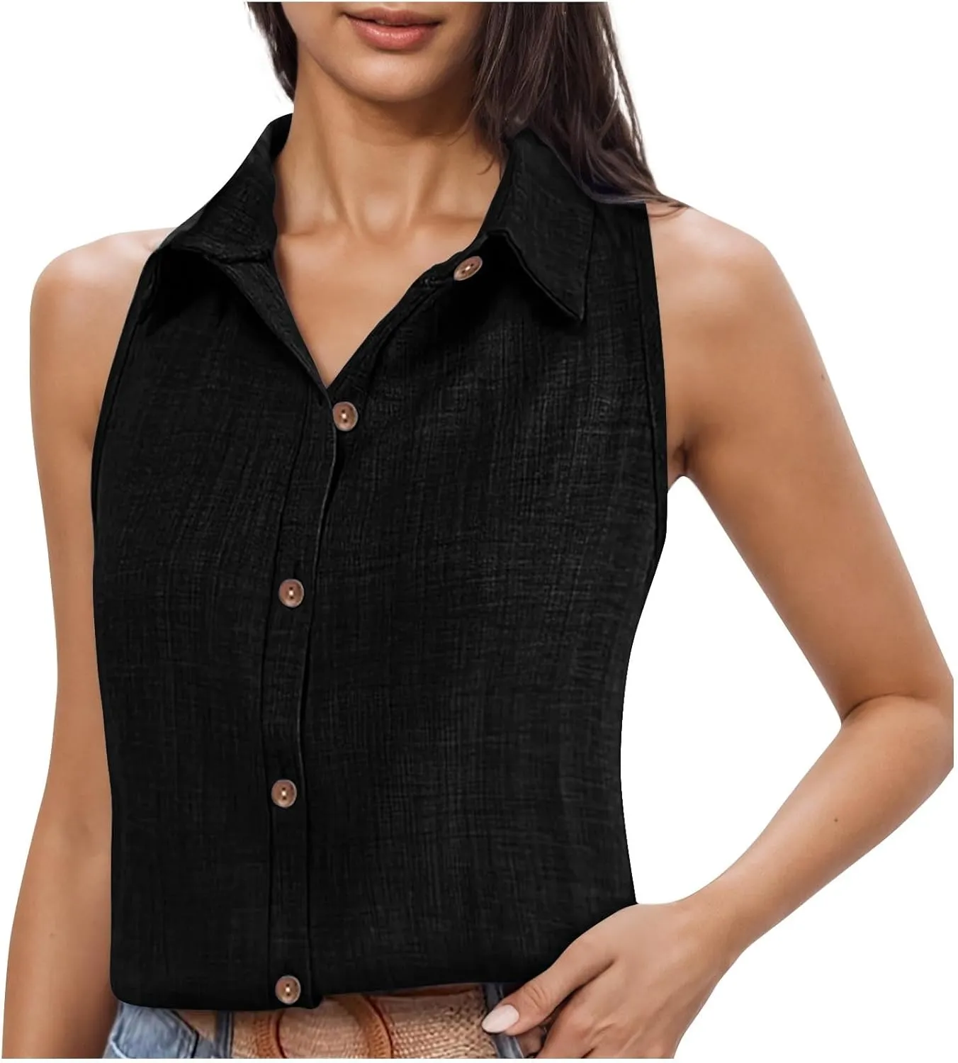 Linen Tank Tops for Women Dressy Casual Button Down Collared Shirt Loose Fit Sleeveless Tops Work Office Outfits