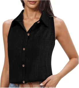 Linen Tank Tops for Women Dressy Casual Button Down Collared Shirt Loose Fit Sleeveless Tops Work Office Outfits