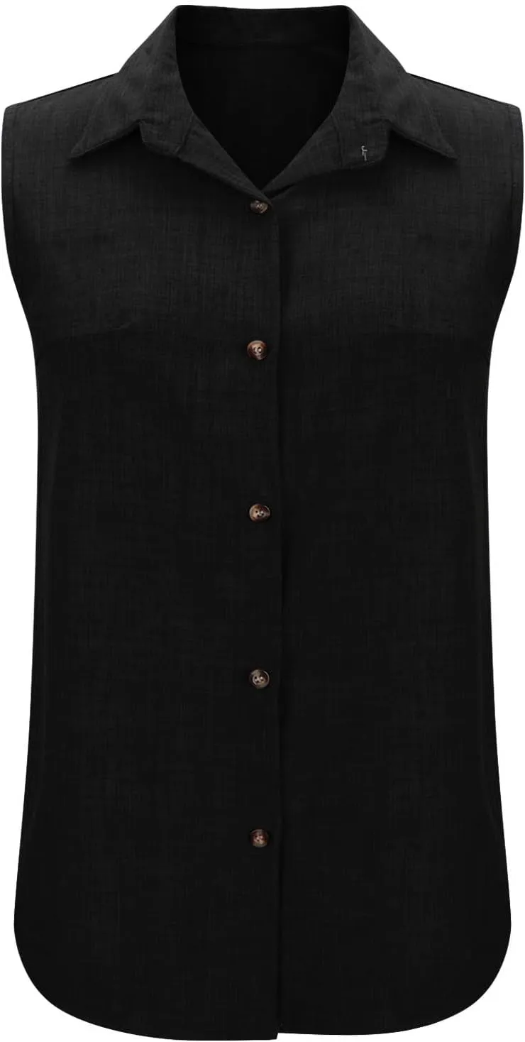 Linen Tank Tops for Women Dressy Casual Button Down Collared Shirt Loose Fit Sleeveless Tops Work Office Outfits