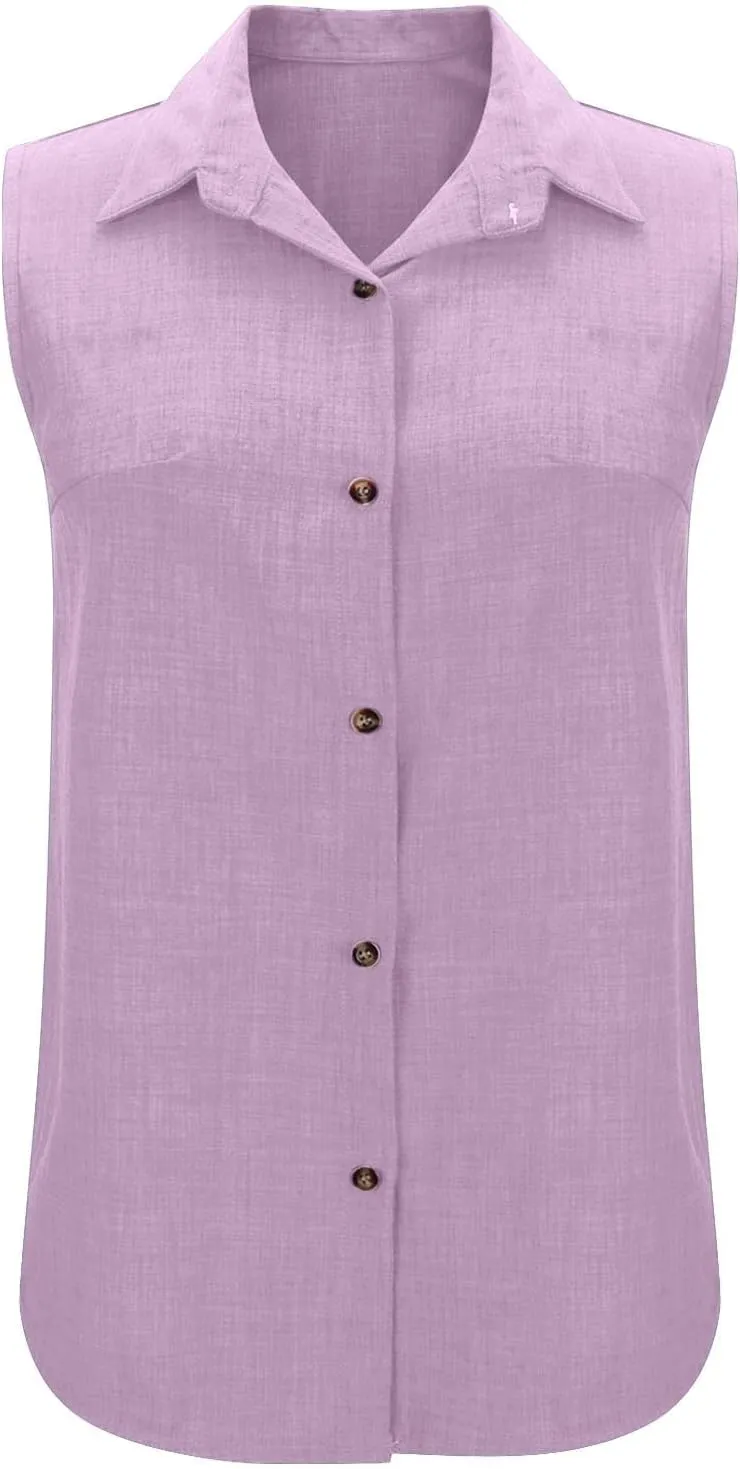 Linen Tank Tops for Women Dressy Casual Button Down Collared Shirt Loose Fit Sleeveless Tops Work Office Outfits