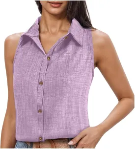 Linen Tank Tops for Women Dressy Casual Button Down Collared Shirt Loose Fit Sleeveless Tops Work Office Outfits