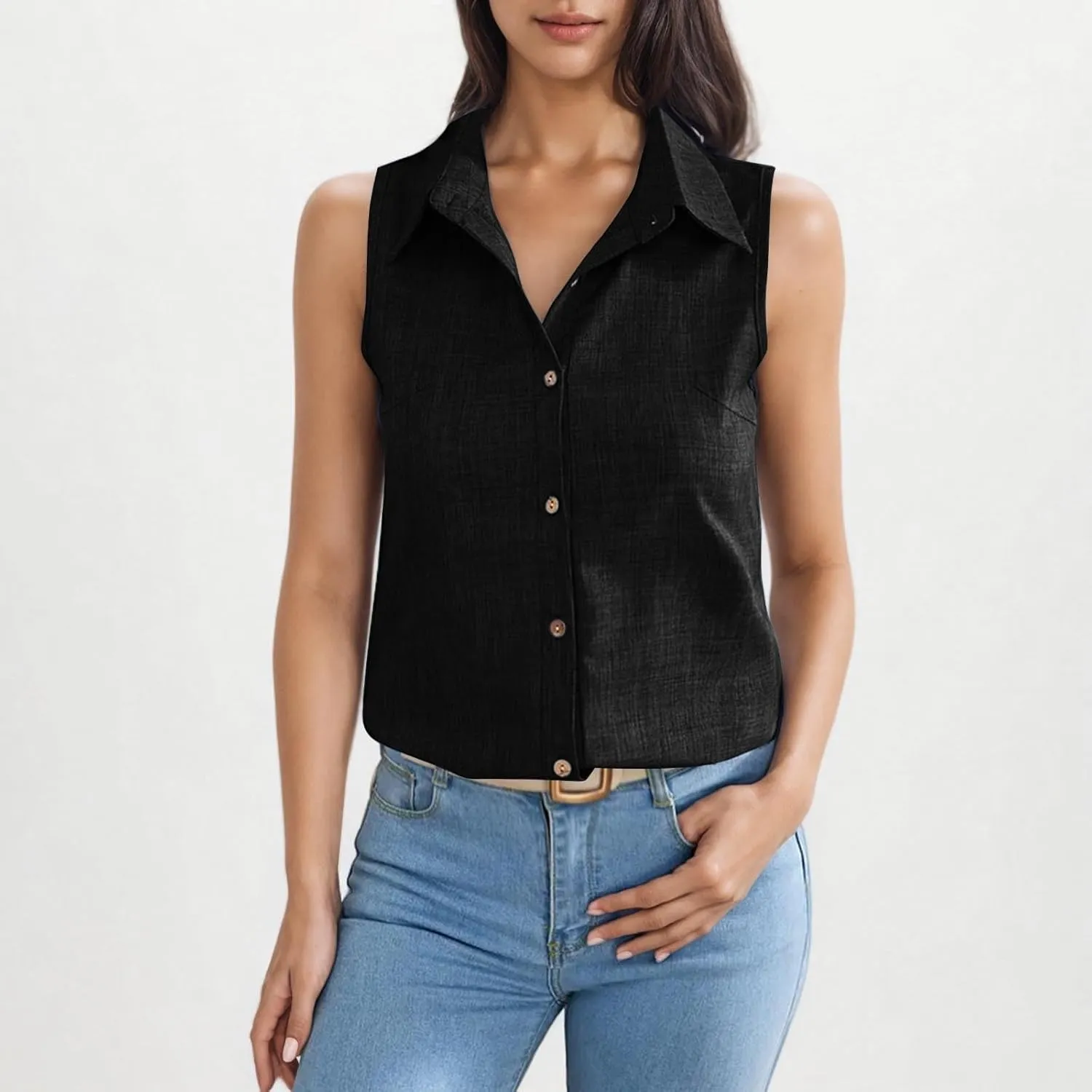 Linen Tank Tops for Women Dressy Casual Button Down Collared Shirt Loose Fit Sleeveless Tops Work Office Outfits