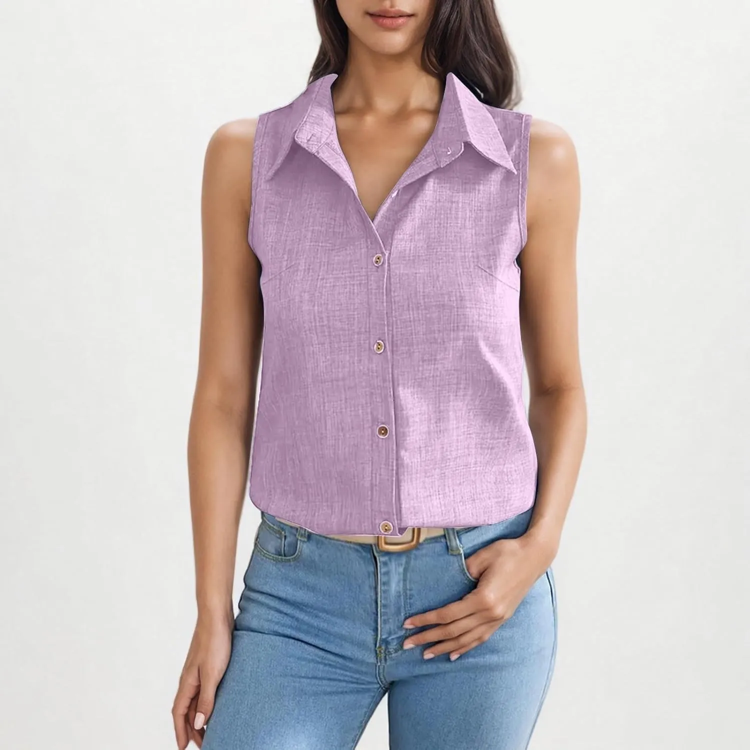 Linen Tank Tops for Women Dressy Casual Button Down Collared Shirt Loose Fit Sleeveless Tops Work Office Outfits