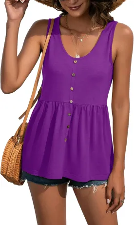 LYANER Women's Round Neck Ruffle Hem Button Sleeveless Tank Blouse Peplum Top