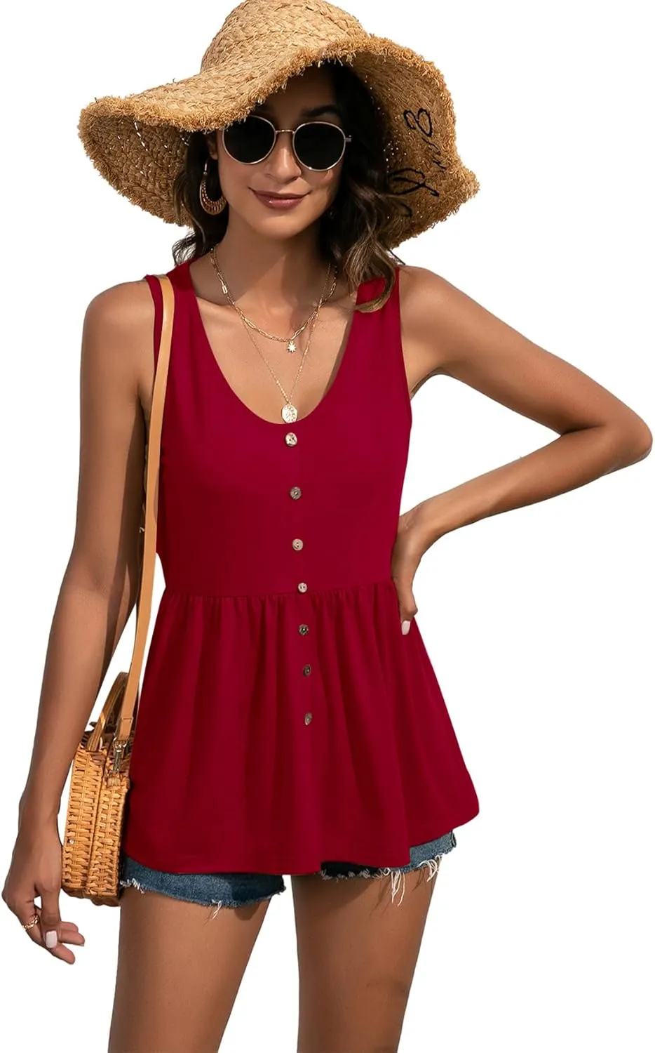 LYANER Women's Round Neck Ruffle Hem Button Sleeveless Tank Blouse Peplum Top