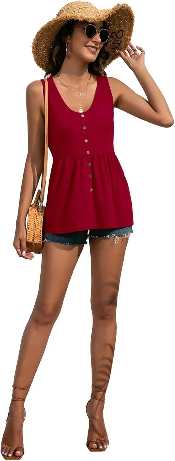 LYANER Women's Round Neck Ruffle Hem Button Sleeveless Tank Blouse Peplum Top