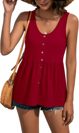 LYANER Women's Round Neck Ruffle Hem Button Sleeveless Tank Blouse Peplum Top