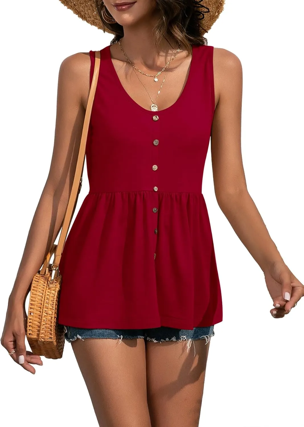 LYANER Women's Round Neck Ruffle Hem Button Sleeveless Tank Blouse Peplum Top