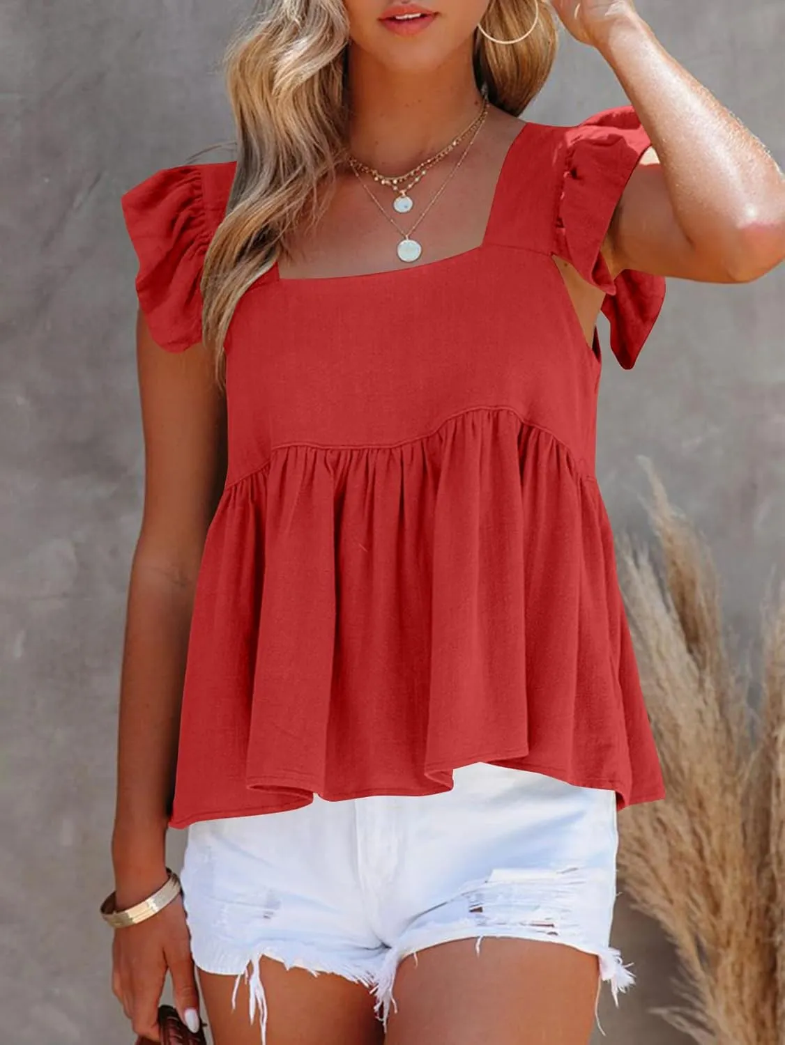 LYANER Women's Summer Sleeveless Peplum Blouse Square Neck Ruffle Strap Babydoll Tank Top