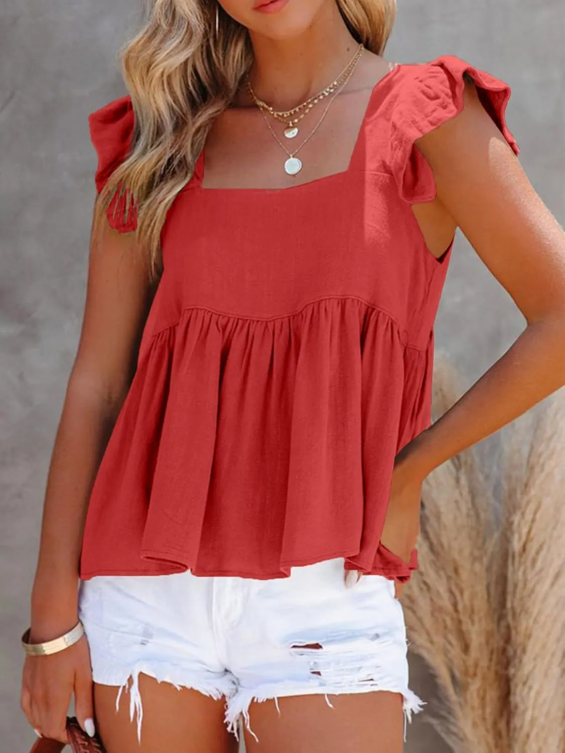 LYANER Women's Summer Sleeveless Peplum Blouse Square Neck Ruffle Strap Babydoll Tank Top