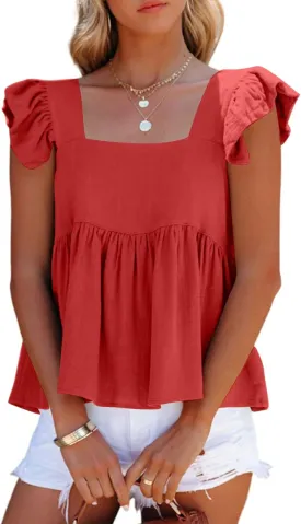 LYANER Women's Summer Sleeveless Peplum Blouse Square Neck Ruffle Strap Babydoll Tank Top