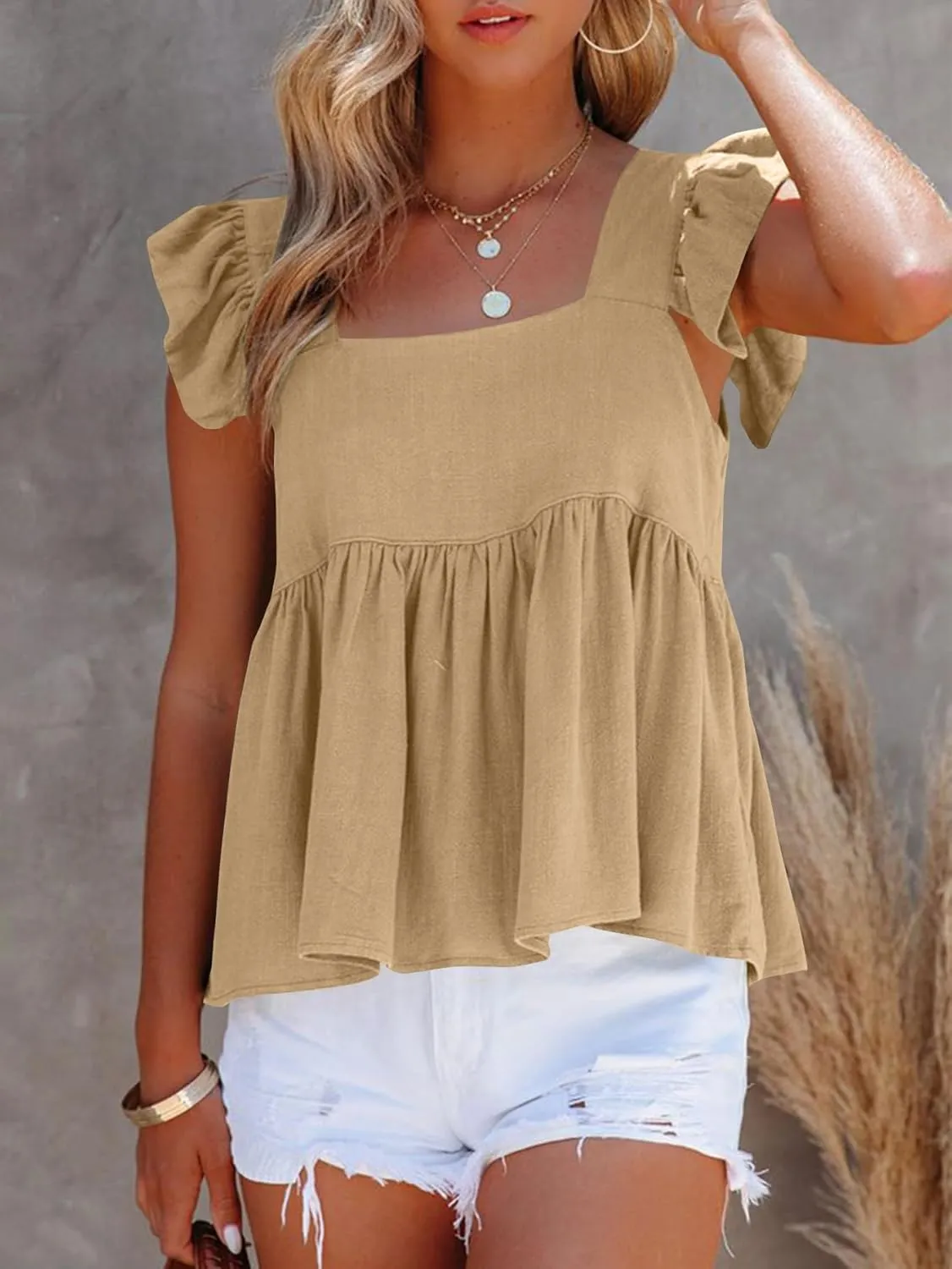 LYANER Women's Summer Sleeveless Peplum Blouse Square Neck Ruffle Strap Babydoll Tank Top