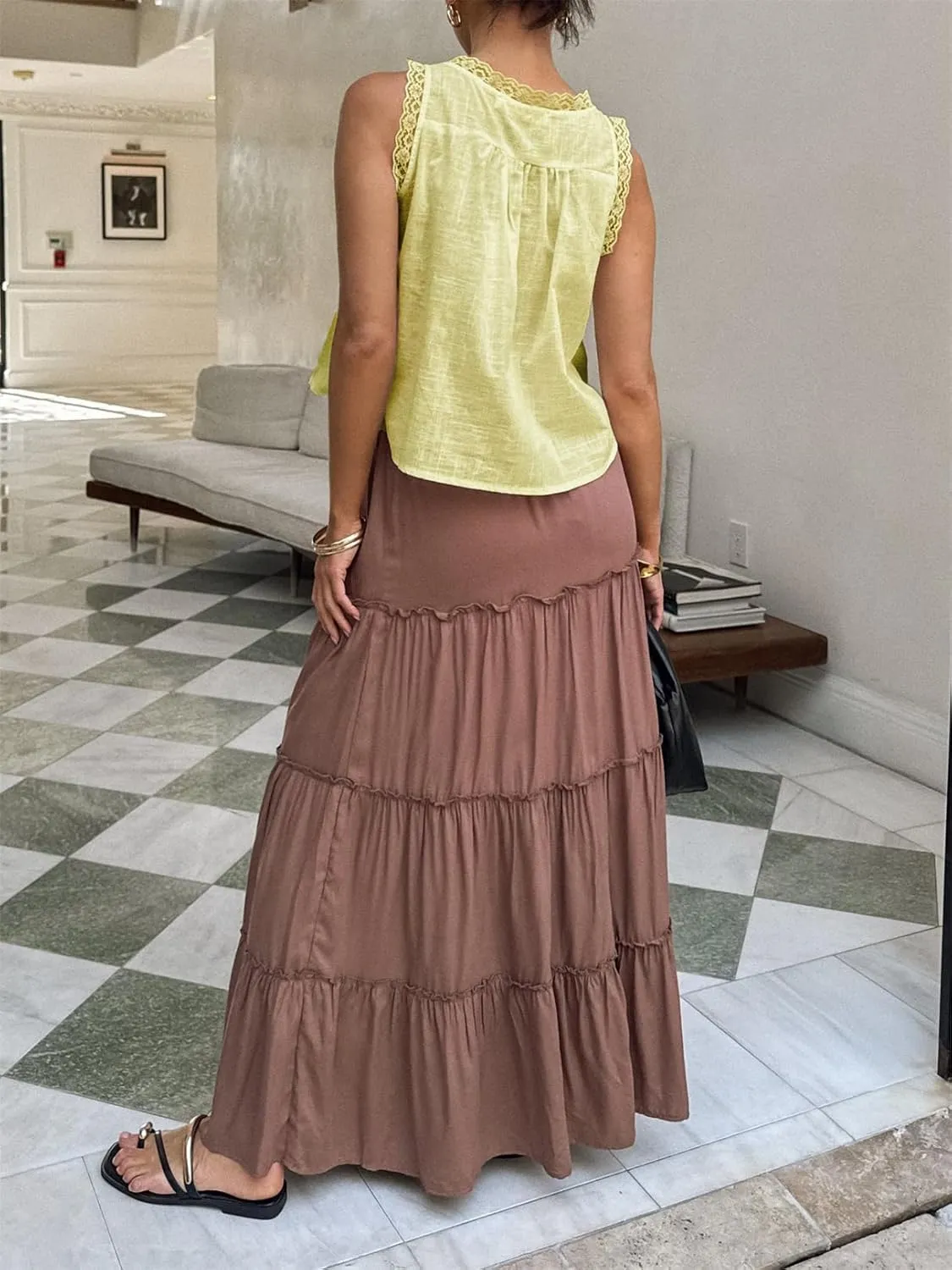 Miqil Women Y2k Eyelet Tank Top Boho Sleeveless Ruffle Ruched Smocked Peplum Tops Cute Button Summer Semi Mesh Streetwear