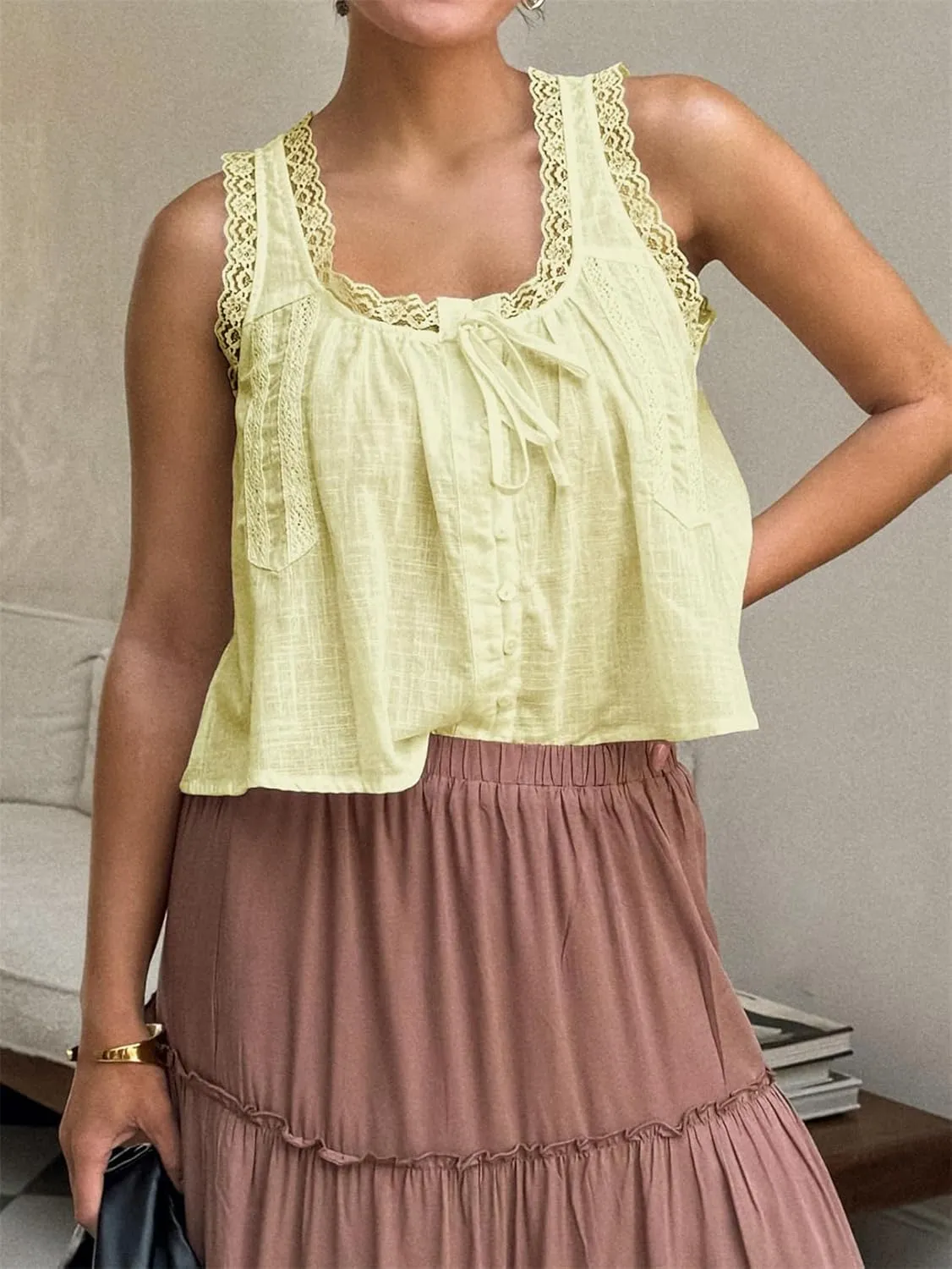 Miqil Women Y2k Eyelet Tank Top Boho Sleeveless Ruffle Ruched Smocked Peplum Tops Cute Button Summer Semi Mesh Streetwear