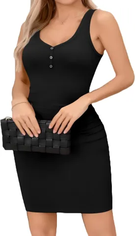 Missufe Summer Dresses for Women 2025 Button V Neck Sleeveless Ruched Bodycon Ribbed Knit Casual Tank Tube Sheath Outfits