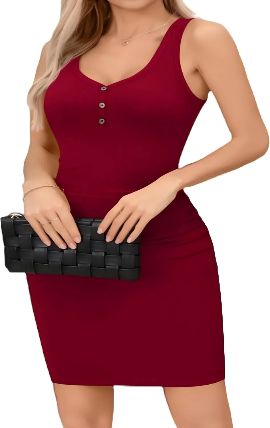 Missufe Summer Dresses for Women 2025 Button V Neck Sleeveless Ruched Bodycon Ribbed Knit Casual Tank Tube Sheath Outfits
