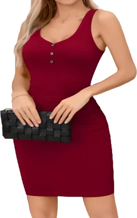 Missufe Summer Dresses for Women 2025 Button V Neck Sleeveless Ruched Bodycon Ribbed Knit Casual Tank Tube Sheath Outfits
