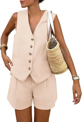 PRETTYGARDEN Women's Summer 2 Piece Outfits Sleeveless Matching Sets Button Down V Neck Vest Waistcoat and Pockets Shorts