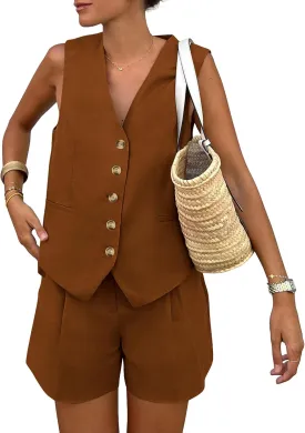 PRETTYGARDEN Women's Summer 2 Piece Outfits Sleeveless Matching Sets Button Down V Neck Vest Waistcoat and Pockets Shorts